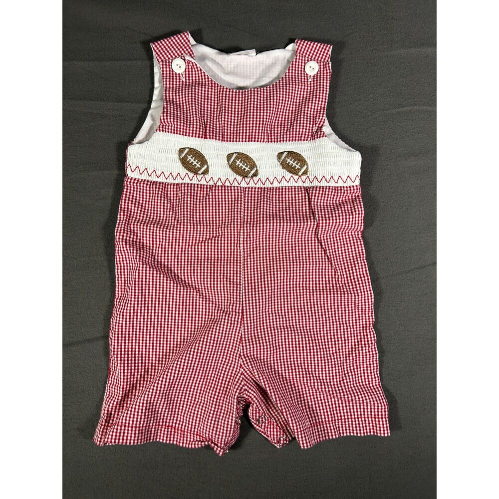 Vtg Baby Boy 12M Football Red Gingham Jon Jon Shortall Romper Southern